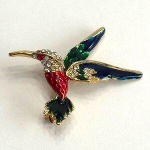 Vintage Hummingbird Brooch Red Green Blue Enamel Clear Rhinestones Gold Tone